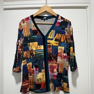 Lior Paris Colorful Abstract 3/4 Sleeve Top Small V Neck